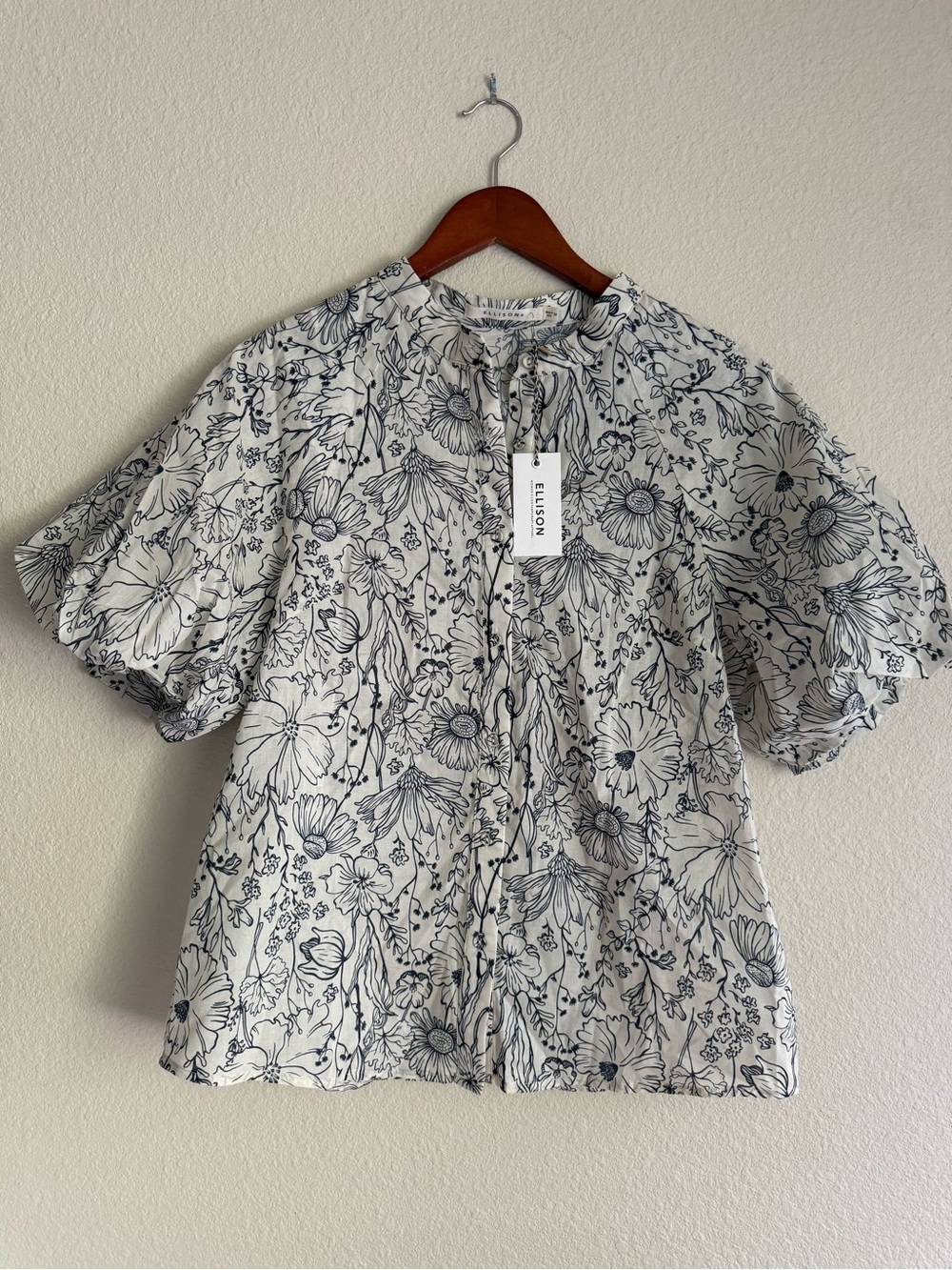 Ellison Floral Puff Sleeve Blouse Cream Navy Blue Cotton Size S